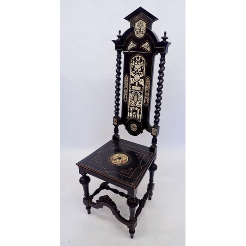 1198 - An early 19th century Italian ebony side chair with inlaid ivory Neo classical decoration and barley... 