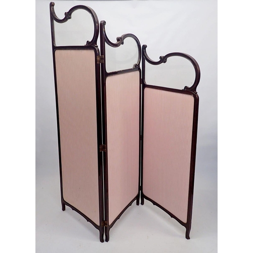 1199 - An Edwardian mahogany framed three fold screen with glazed and scrollwork top over satin panels, eac... 