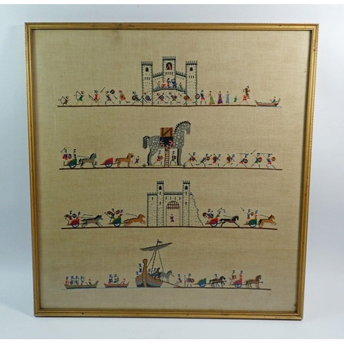 1214 - An early 20th century fine cross stitch on linen sampler of classical battle scenes including Helen ... 