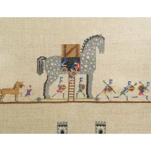 1214 - An early 20th century fine cross stitch on linen sampler of classical battle scenes including Helen ... 