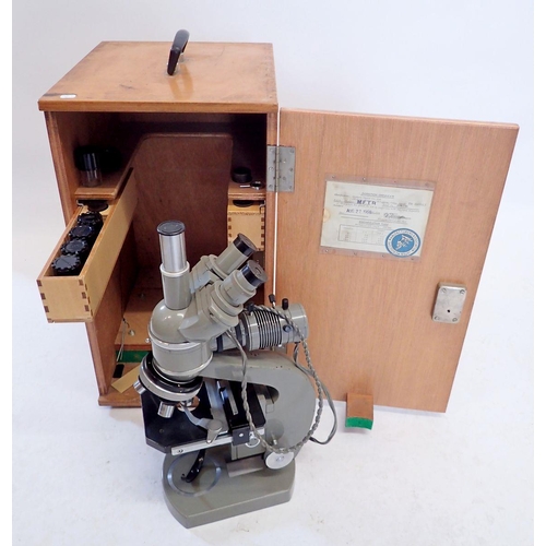 1215 - An Olympus MFTR microscope in fitted wooden box with accessories, dated 1966 - box 50cm tall, missin... 