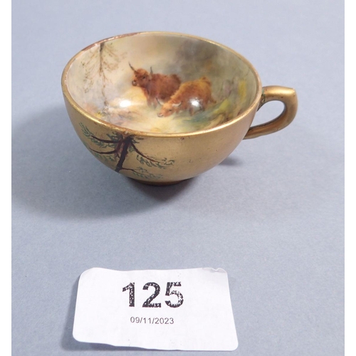 125 - A Royal Worcester miniature tea cup painted cattle by Harold Stinton, damaged and no saucer