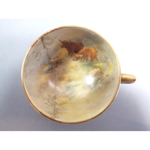 125 - A Royal Worcester miniature tea cup painted cattle by Harold Stinton, damaged and no saucer