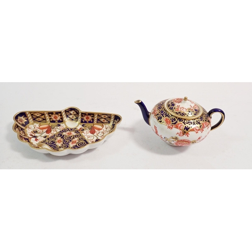 128 - A Royal Crown Derby miniature teapot, 5.5cm tall and a fan form pin dish, 12cm wide, good condition