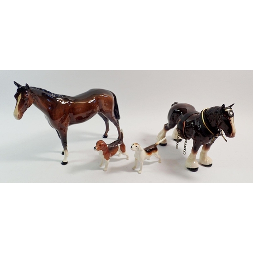 138 - A Beswick brown horse, a Wendover Billy dog, another Beswick dog and a Melba Ware horse