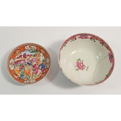 150 - A Chinese Canton saucer painted family in a courtyard plus a floral Canton bowl a/f, 14cm diameter