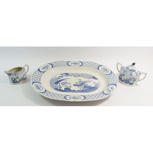 15A - An 'Old Chelsea' blue and white meat plate, jug and sugar (sugar a/f)