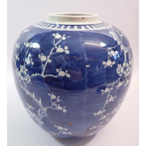 160 - A late Qing Chinese large blue and white ginger jar painted prunus blossom, 29cm tall