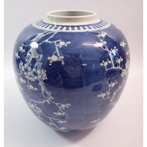 160 - A late Qing Chinese large blue and white ginger jar painted prunus blossom, 29cm tall