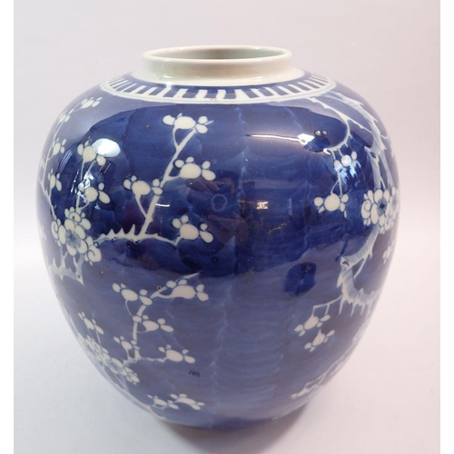 160 - A late Qing Chinese large blue and white ginger jar painted prunus blossom, 29cm tall