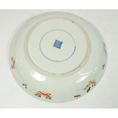 161 - A Chinese Kangxi famille verte saucer dish painted stylised floral motifs, seal mark to base, 21.5cm... 