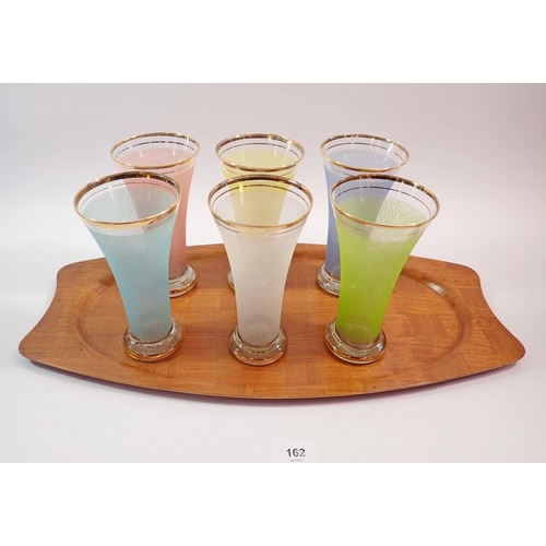 162 - A vintage set of six tall harlequin banded glass tumblers and a Swedish laminated wood tray