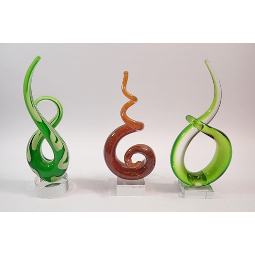 167 - Three Murano Studio glass sculptures in green and gold fleck, tallest 28cm