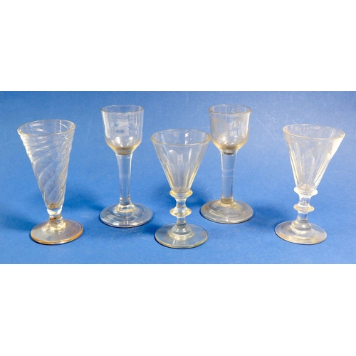 199 - Two 18th century cordial glasses with folded foot rim, one with engraved decoration and three other ... 