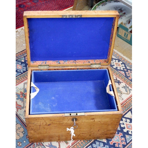 218 - An early 19th century large oak cutlery box with key and fitted trays within, 49 x 34 x 32cm