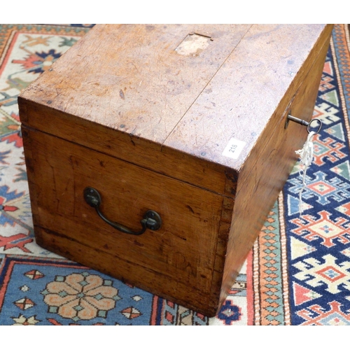 218 - An early 19th century large oak cutlery box with key and fitted trays within, 49 x 34 x 32cm