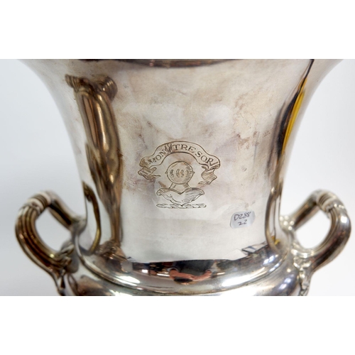 230 - A pair of 19th century silver plated wine coolers with liners and engraved crest 'Mon Tresor', 27cm ... 