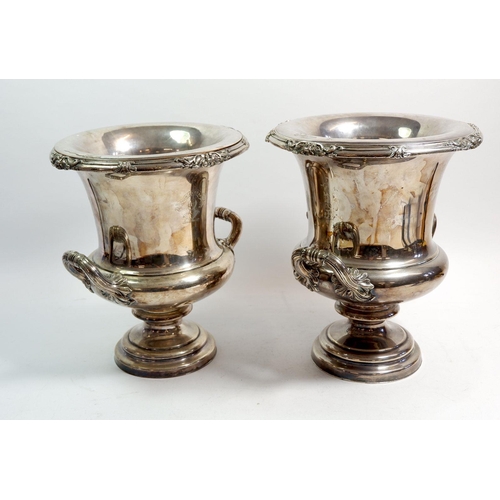 230 - A pair of 19th century silver plated wine coolers with liners and engraved crest 'Mon Tresor', 27cm ... 