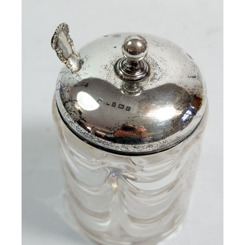 234 - A swagged glass preserve pot with silver lid, Birmingham 1905 and a silver spoon, Sheffield 1896, 14... 