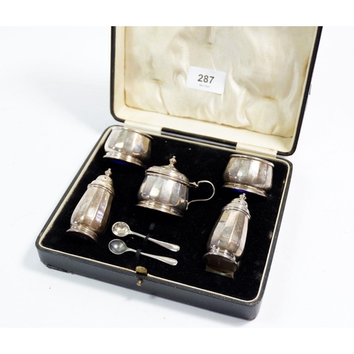 287 - A silver five piece cruet set with two silver spoons, cased, Birmingham 1928 by Adie Brothers Ltd. 9... 