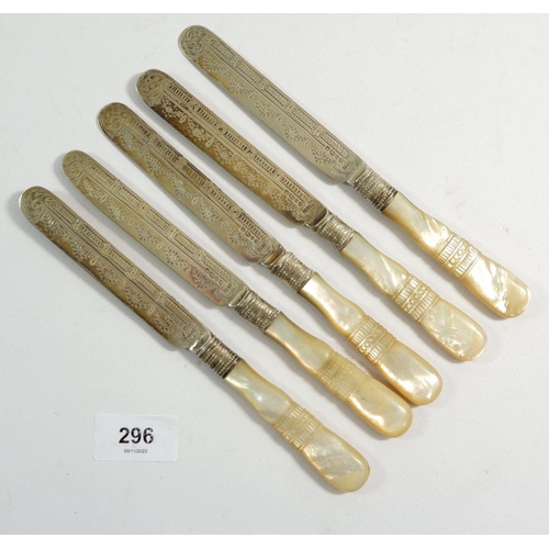 296 - A set of five Victorian silver and mother of pearl handled dessert knives, Sheffield 1887