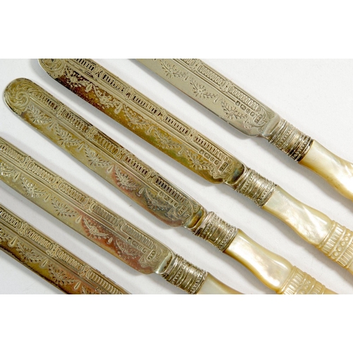 296 - A set of five Victorian silver and mother of pearl handled dessert knives, Sheffield 1887