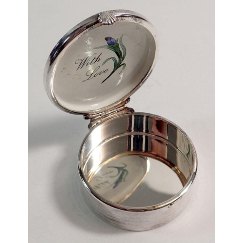 333 - An silver Thistle & Bee enamelled Iris trinket box, 4.5cm diameter, 34.8g, good condition, Birmingha... 