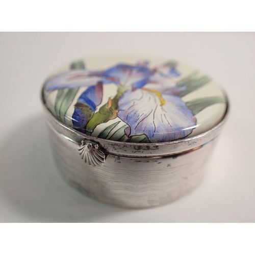 333 - An silver Thistle & Bee enamelled Iris trinket box, 4.5cm diameter, 34.8g, good condition, Birmingha... 