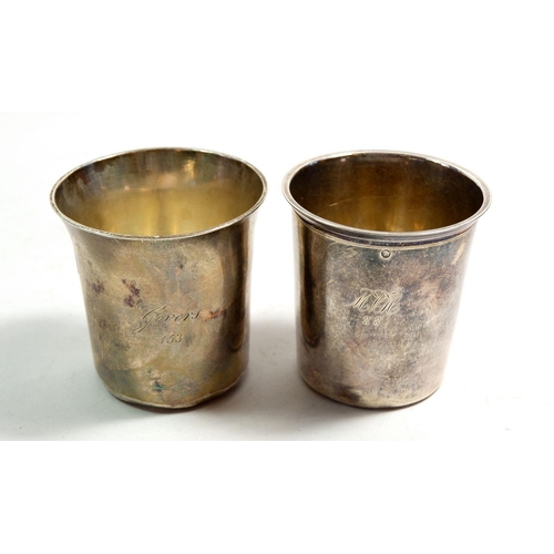 357 - Two French 19th century silver beakers, one marked for Paris 1819-38 by PF, 162g, 7.5cm tall