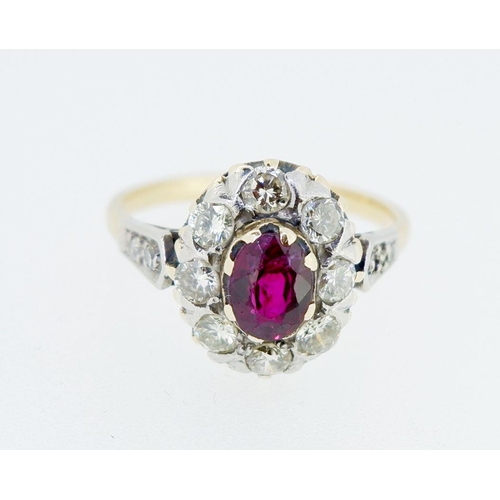 380 - An antique 18 carat gold ruby and diamond oval cluster ring, size L to M, cluster 1.2 x 1cm