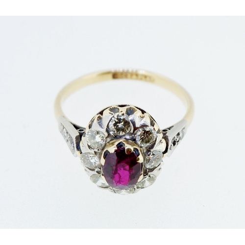 380 - An antique 18 carat gold ruby and diamond oval cluster ring, size L to M, cluster 1.2 x 1cm