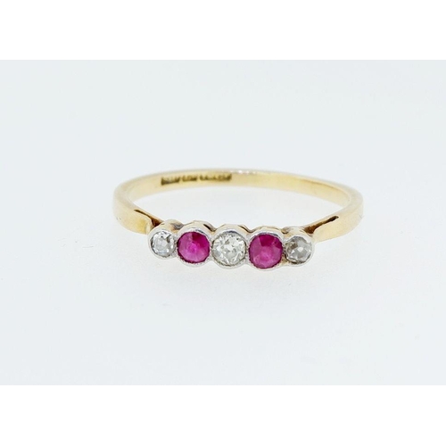 382 - An 18 carat gold diamond and ruby five stone ring, 2.2g, size Q