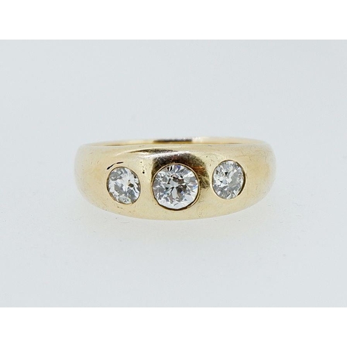 383 - An 18k gold gypsy ring set three diamonds, size R, 6.1g