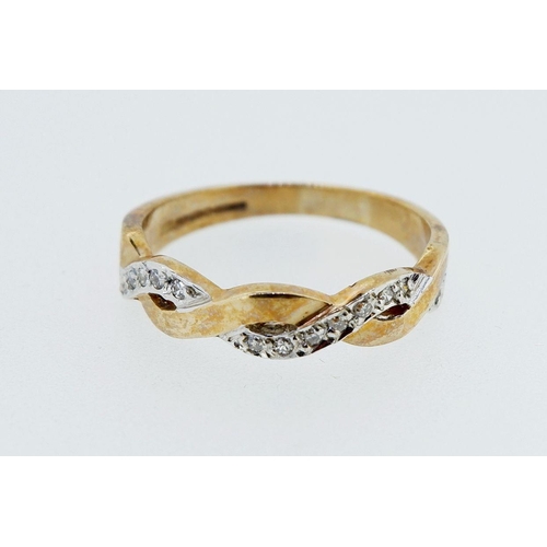 389 - A 9 carat gold diamond set intertwined ring, size O, 2.5g