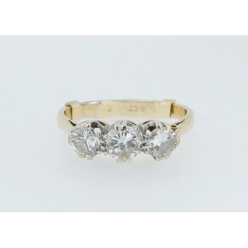 394 - An 18 carat gold and platinum set three stone diamond ring, approx 3/4 carats, size N to ), 3g, ring... 