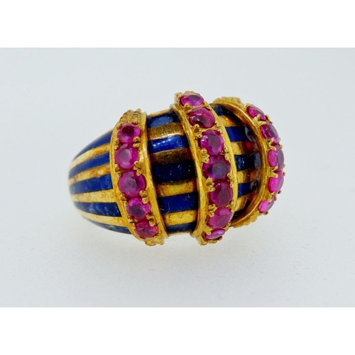 396 - A 14k gold vintage style domed ring set bands of blue enamel and three rows of rubies, size L to M, ... 