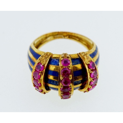 396 - A 14k gold vintage style domed ring set bands of blue enamel and three rows of rubies, size L to M, ... 