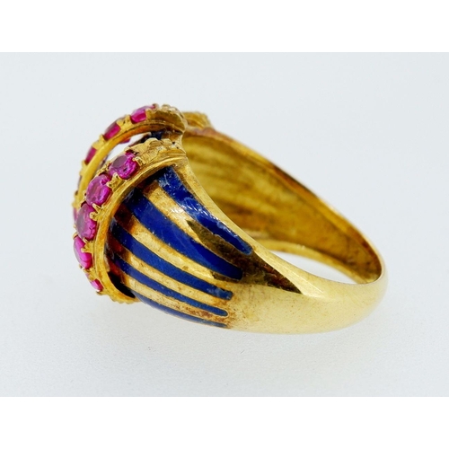 396 - A 14k gold vintage style domed ring set bands of blue enamel and three rows of rubies, size L to M, ... 