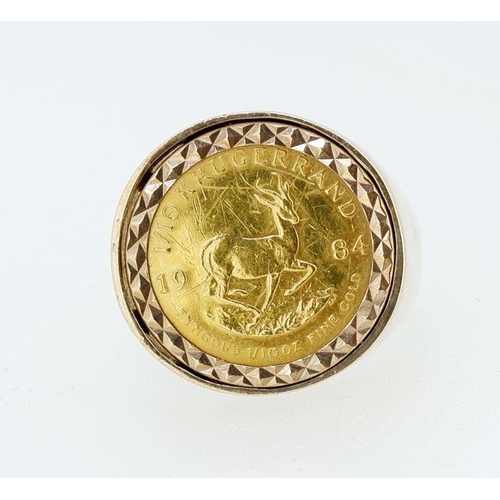 401 - A 9 carat gold ring set with a 1/10 kugerand 22 carat coin 1984, 8.3g, size P