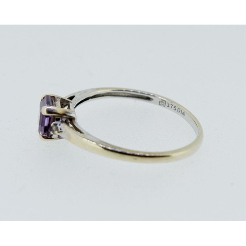 420 - A 9 carat gold amethyst and chip diamond ring, size K to L, 1.3g