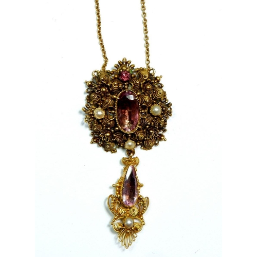 427 - A Georgian 15 carat gold Cannetille pendant and drop set pink topaz and pearls on later 9 carat gold... 