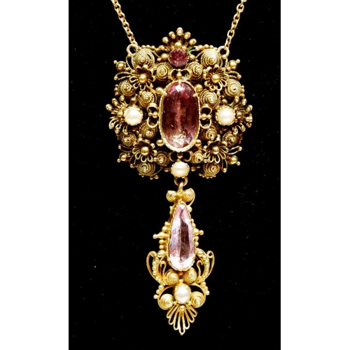 427 - A Georgian 15 carat gold Cannetille pendant and drop set pink topaz and pearls on later 9 carat gold... 