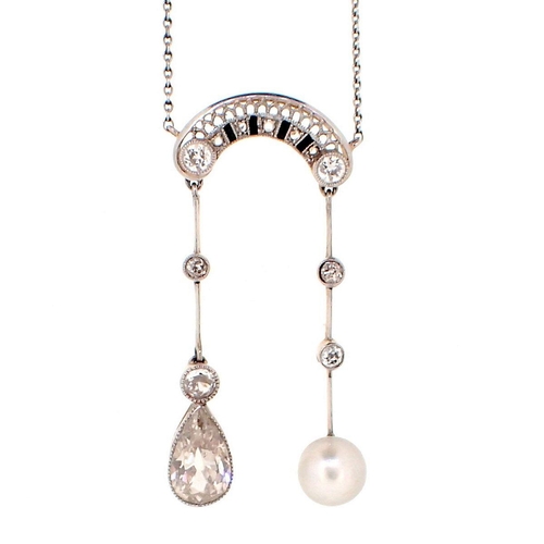 428 - A yellow and white gold lavalier necklace set, 1.5 carat pear cut diamond and single pearl on two di... 