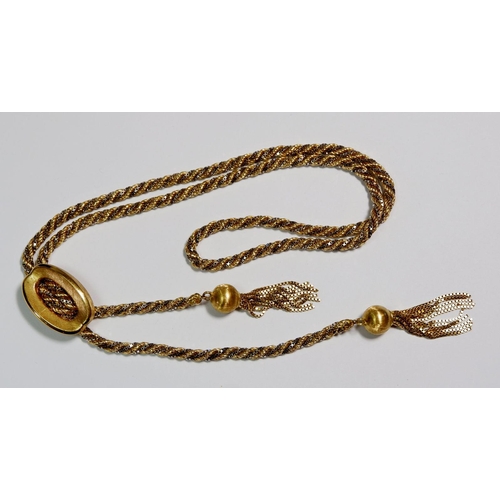 430 - An 18 carat gold and white metal spiral link and tassel necklace with oval adjustable clasp, 73g