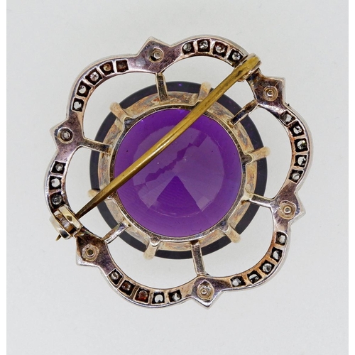 437 - A Victorian circular gold brooch set large amethyst within diamond and pearl lobed border, 3.5cm, 15... 