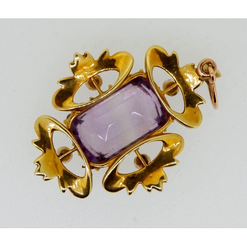 449A - A Victorian gold pendant set rectangular cut amethyst within seed pearl surround, pendant 3cm, 4.6g ... 