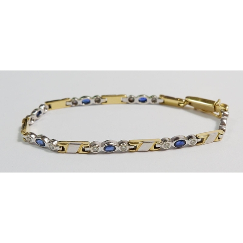 459 - An 18 carat white and yellow gold bracelet set sapphires and diamonds, 18cm, 13g