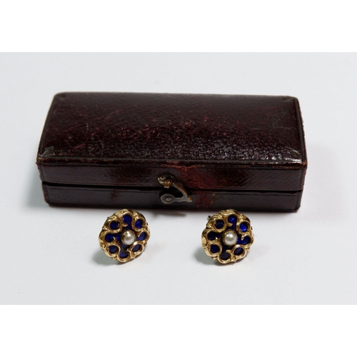 466 - A pair of Edwardian gold and blue enamel stud earrings set pearls (unmarked) 3.3g, 1-2cm diameter