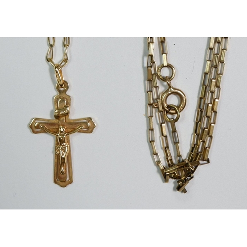 487 - Two 9 carat gold chains, 7g and yellow metal crucifix