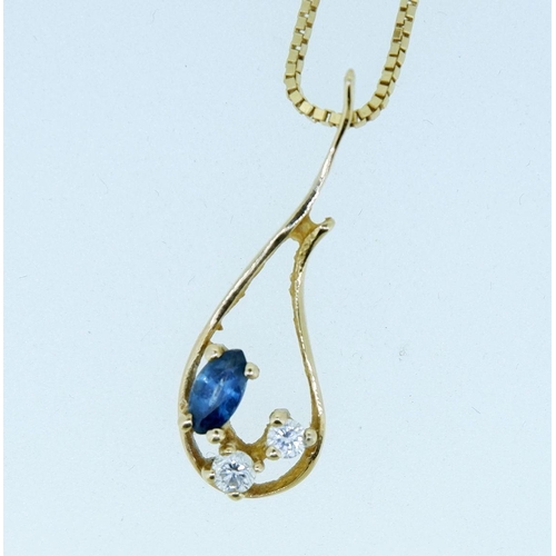 493 - An 18 carat gold pendant set two diamonds and sapphire on 18 carat gold box chain, 4.6g, 49cm long